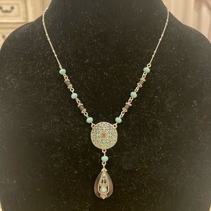 Vintage Silver Tone Faux Turquoise Signed NR Pendant Statement Necklace